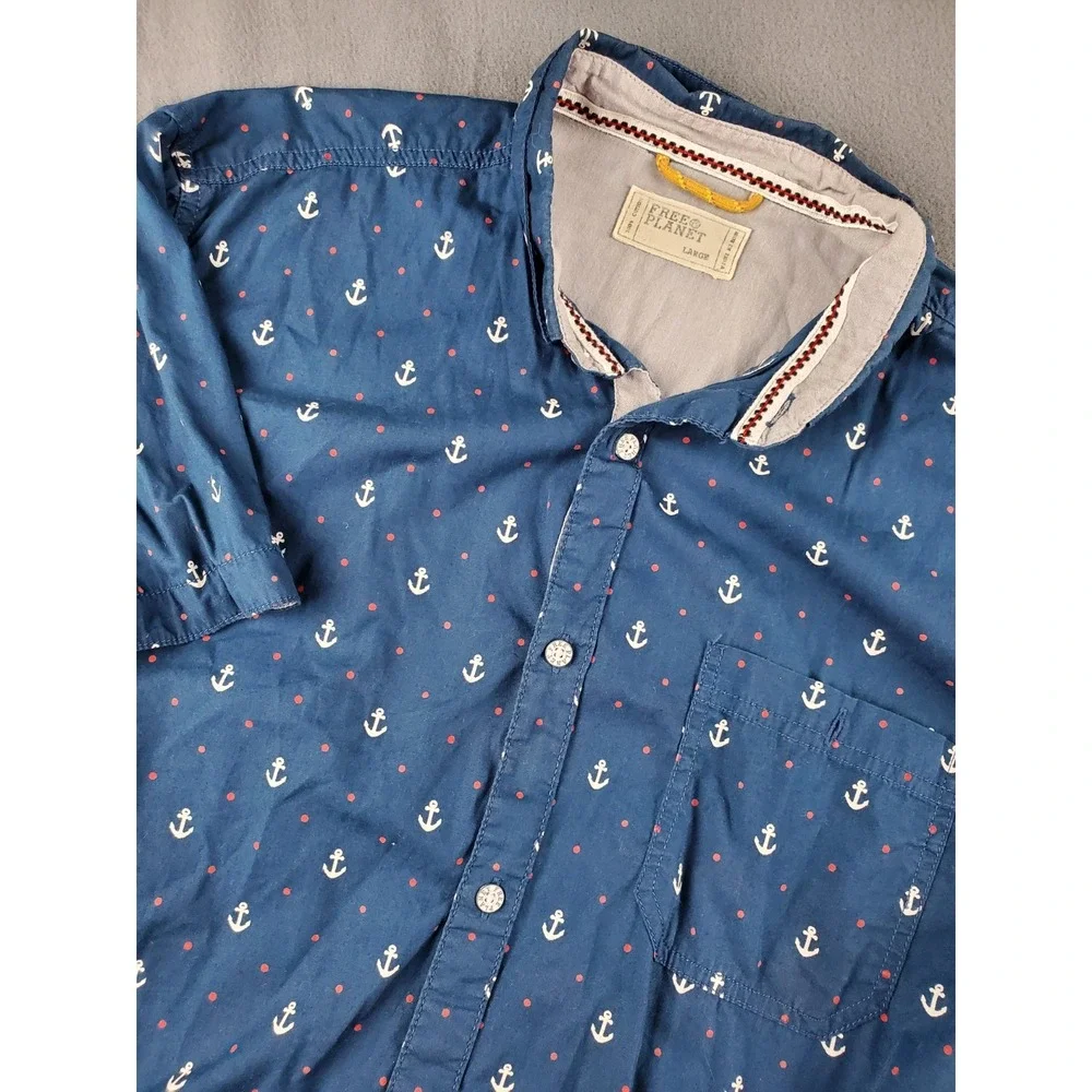 Free Planet Short Sleeve Button Down Pocket Shirt Mens Large Blue White Anchor - Picture 1 of 7